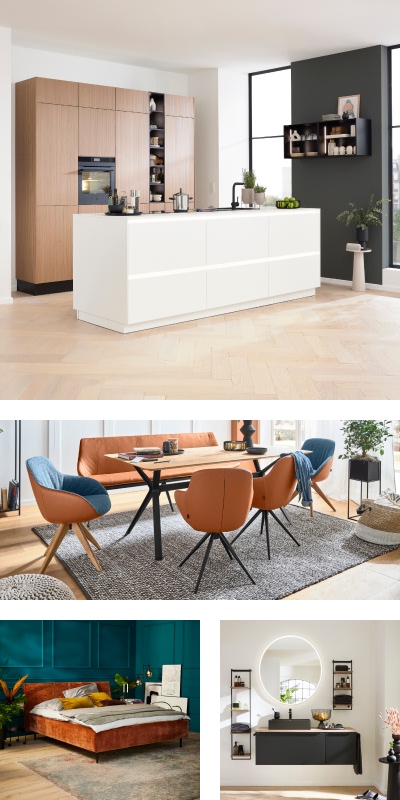 Zeitlose Interliving Wohn- und Essbereichs-Kombination mit moderner Küche, gemütlicher Essecke, stilvollem Schlafzimmer und elegantem Badezimmer.