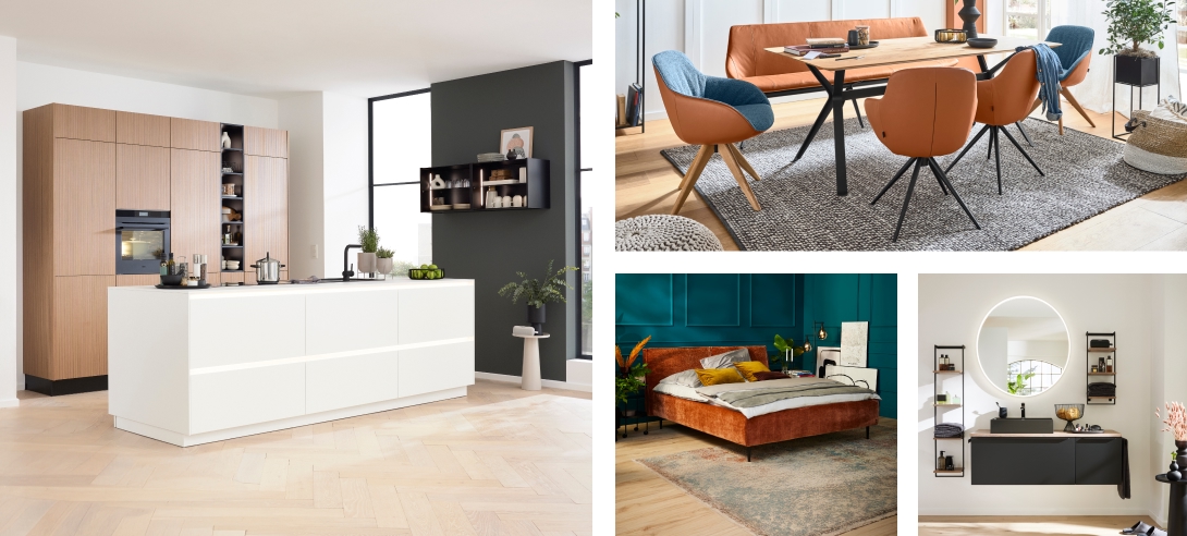 Zeitlose Interliving Wohn- und Essbereichs-Kombination mit moderner Küche, gemütlicher Essecke, stilvollem Schlafzimmer und elegantem Badezimmer.